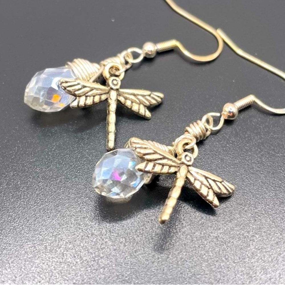 REDUCED Handmade Silver Sparkling 
Crystal Dragonfly 
Earrings Boho Cottagecore